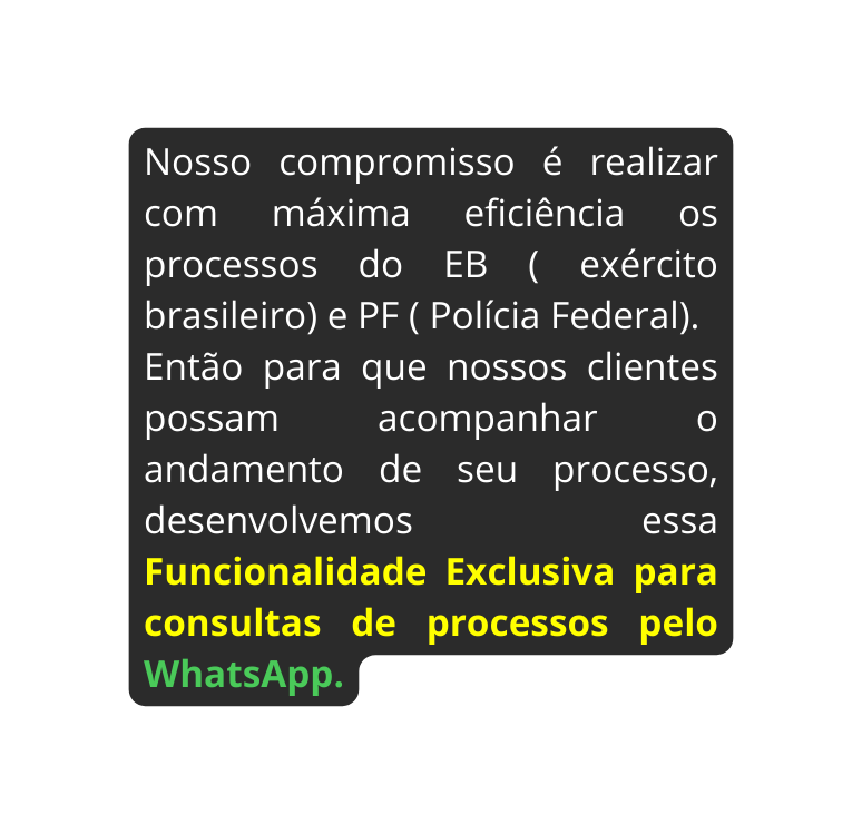 Nosso compromisso é realizar com máxima eficiência os processos do EB exército brasileiro e PF Polícia Federal Então para que nossos clientes possam acompanhar o andamento de seu processo desenvolvemos essa Funcionalidade Exclusiva para consultas de processos pelo WhatsApp